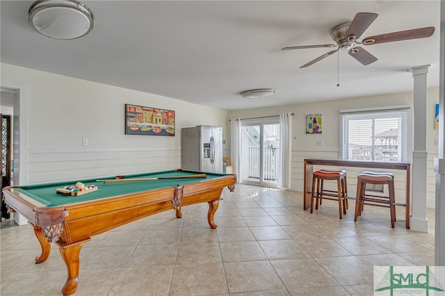 rec room with light tile patterned flooring, pool table, and ceiling fan