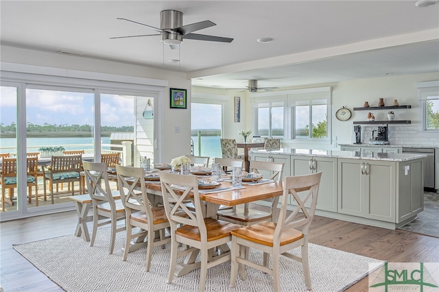 dining area with light hardwood / wood-style flooring, a healthy amount of sunlight, and a water view