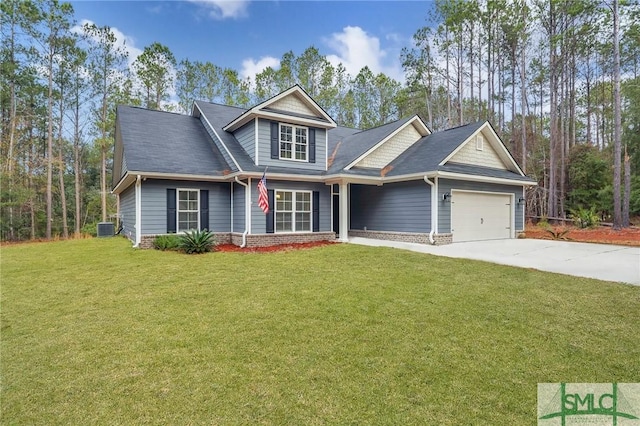 craftsman-style home with a garage, a front lawn, and central air condition unit