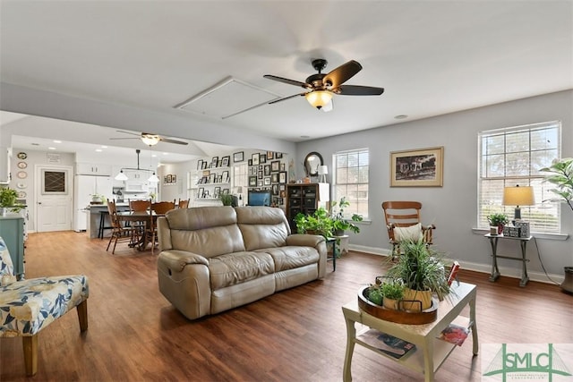 living room with ceiling fan and hardwood / wood-style floors