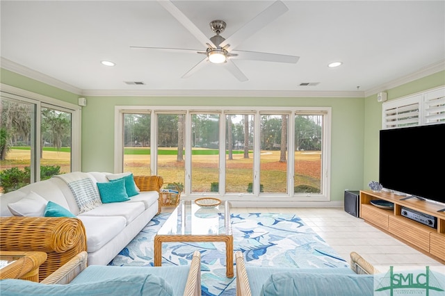 living room with crown molding and ceiling fan