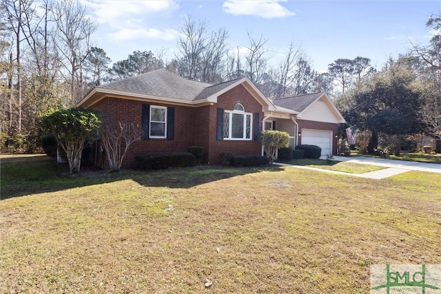 ranch-style home featuring a garage and a front lawn