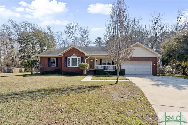 single story home featuring a garage, covered porch, and a front yard