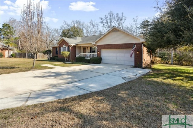 ranch-style home with a garage, a front lawn, and a porch