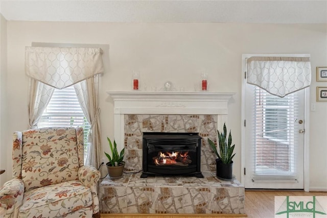 living area featuring hardwood / wood-style floors and a fireplace