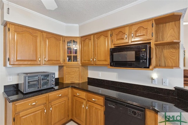 kitchen featuring dark stone countertops, crown molding, black appliances, and a textured ceiling