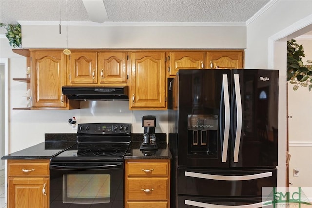 kitchen with crown molding, black appliances, dark stone counters, and a textured ceiling