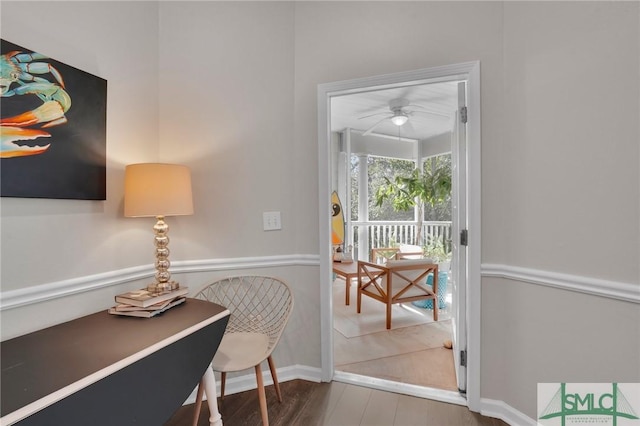 entryway featuring hardwood / wood-style flooring and ceiling fan