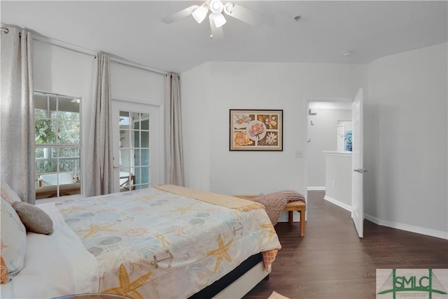 bedroom with dark wood-type flooring and ceiling fan