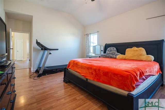 bedroom with light hardwood / wood-style floors and vaulted ceiling