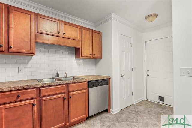 kitchen featuring tasteful backsplash, sink, ornamental molding, and dishwasher