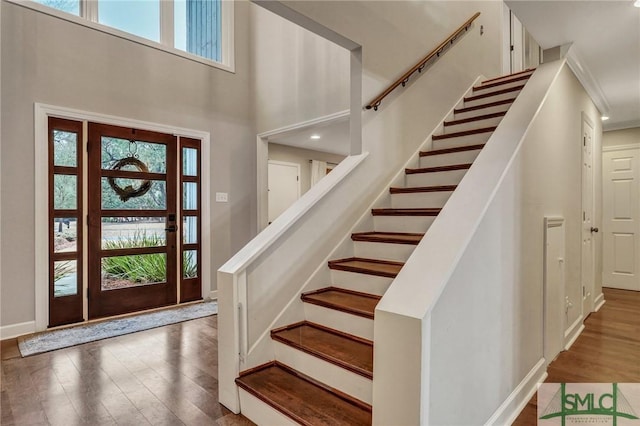 foyer with a towering ceiling and dark hardwood / wood-style flooring