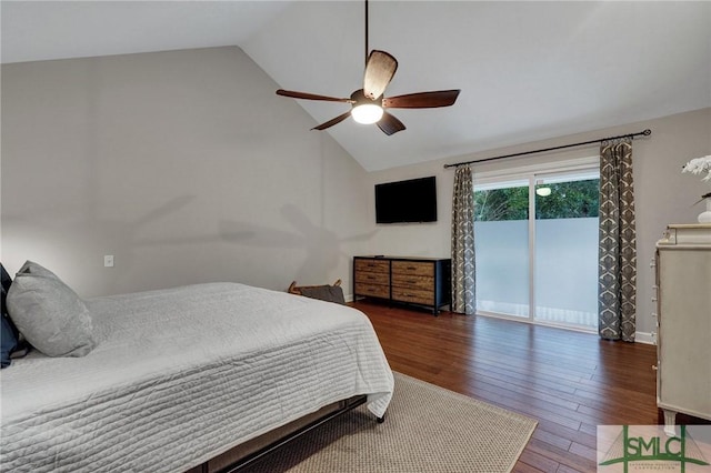 bedroom featuring access to exterior, vaulted ceiling, dark hardwood / wood-style floors, and ceiling fan