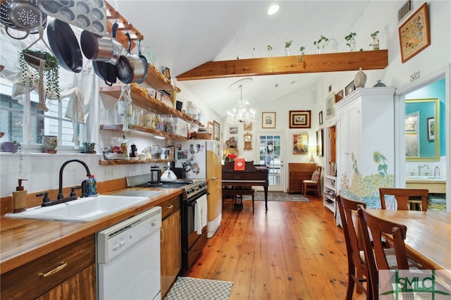 kitchen featuring butcher block countertops, a sink, lofted ceiling with beams, stove, and dishwasher