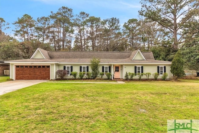 ranch-style home featuring a garage and a front yard