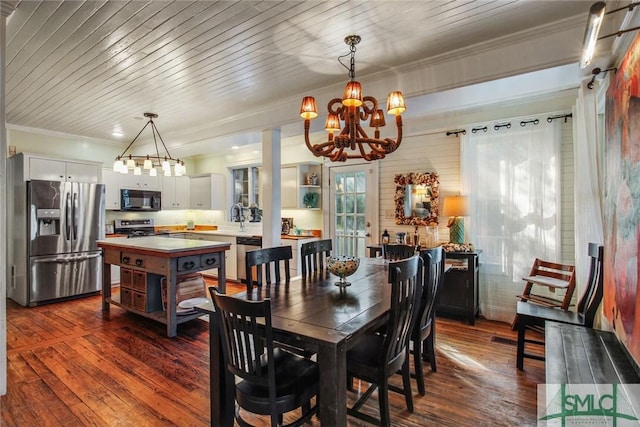 dining area featuring an inviting chandelier, wood ceiling, ornamental molding, and dark hardwood / wood-style floors