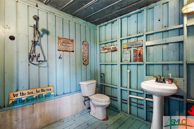 bathroom with hardwood / wood-style floors and toilet