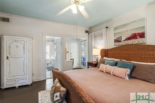 bedroom with ceiling fan and dark hardwood / wood-style floors