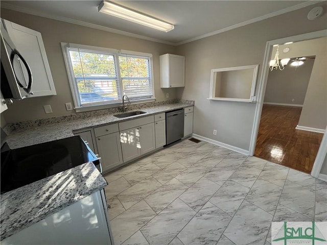 kitchen featuring sink, ornamental molding, stainless steel appliances, and white cabinets