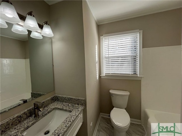 bathroom featuring vanity, ornamental molding, an inviting chandelier, and toilet