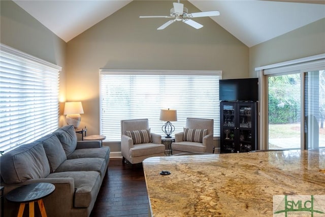 living room featuring ceiling fan, dark hardwood / wood-style floors, beverage cooler, and high vaulted ceiling