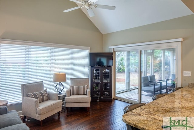 living room featuring high vaulted ceiling, beverage cooler, dark hardwood / wood-style floors, and ceiling fan