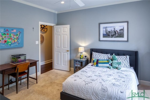 carpeted bedroom with crown molding and ceiling fan