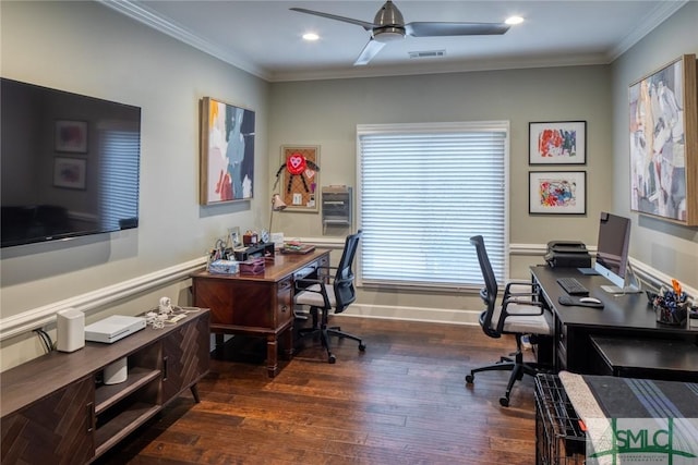 office space featuring crown molding, ceiling fan, and dark wood-type flooring