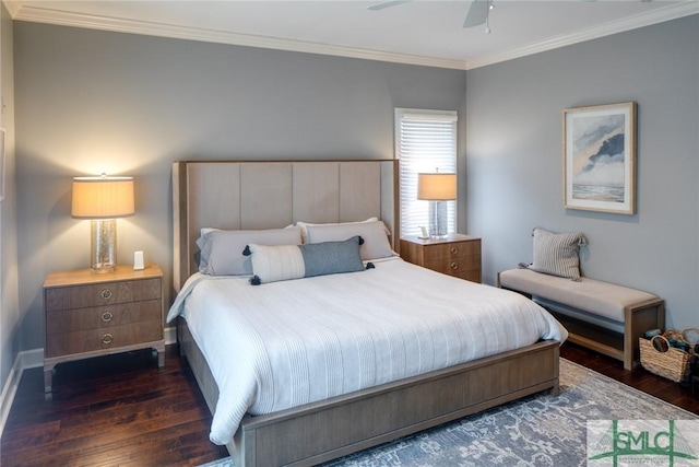 bedroom with dark hardwood / wood-style flooring, ornamental molding, and ceiling fan