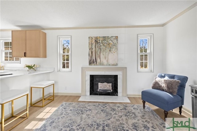 sitting room with a fireplace with flush hearth, a healthy amount of sunlight, and light wood-style floors