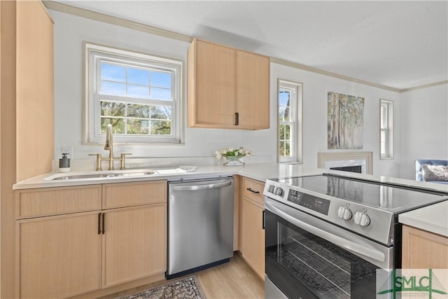 kitchen with stainless steel appliances, light countertops, open floor plan, light brown cabinets, and a sink