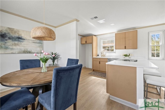 dining area featuring visible vents, crown molding, and light wood finished floors