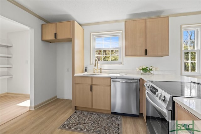 kitchen featuring light wood finished floors, appliances with stainless steel finishes, light countertops, and light brown cabinetry