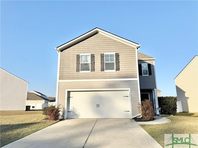 front facade featuring a garage and a front lawn