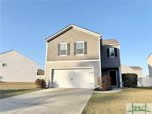 view of front of home with a garage and a front lawn