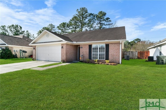 view of front of property featuring central AC, a garage, and a front yard