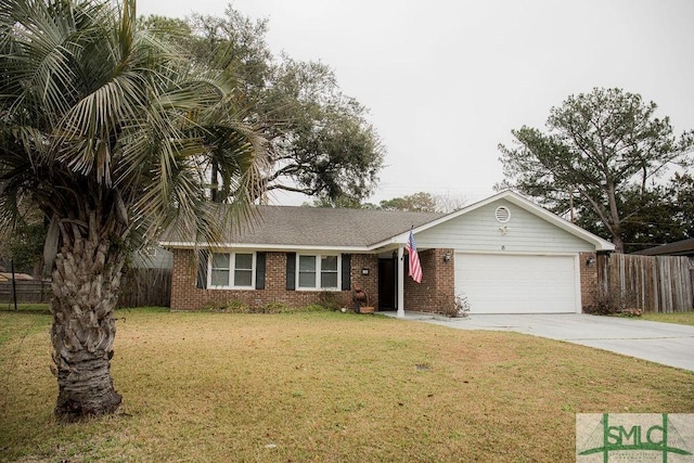 single story home featuring a garage and a front lawn