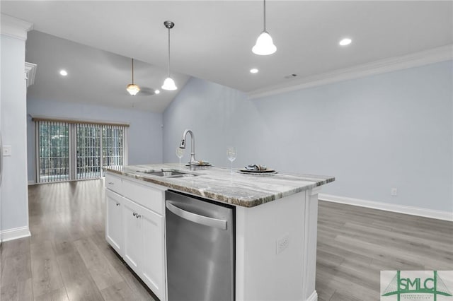 kitchen featuring white cabinetry, an island with sink, sink, stainless steel dishwasher, and light stone countertops