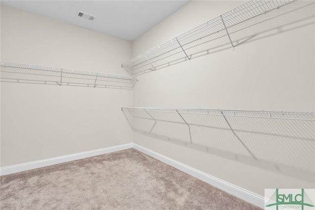 walk in closet featuring light colored carpet