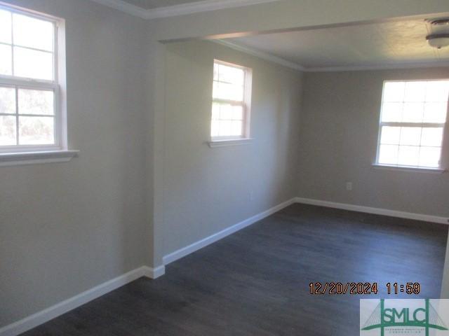 spare room with ornamental molding, plenty of natural light, and dark hardwood / wood-style flooring