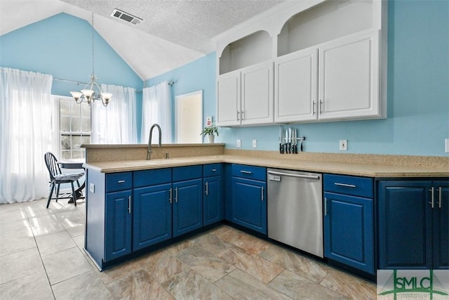 216 Olde Towne Rd, Savannah, GA 31410 - kitchen featuring stainless steel dishwasher, blue cabinetry, a sink, a chandelier, and vaulted ceiling