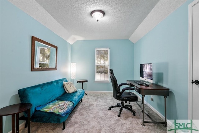 216 Olde Towne Rd, Savannah, GA 31410 - carpeted office space featuring vaulted ceiling, a textured ceiling, and baseboards