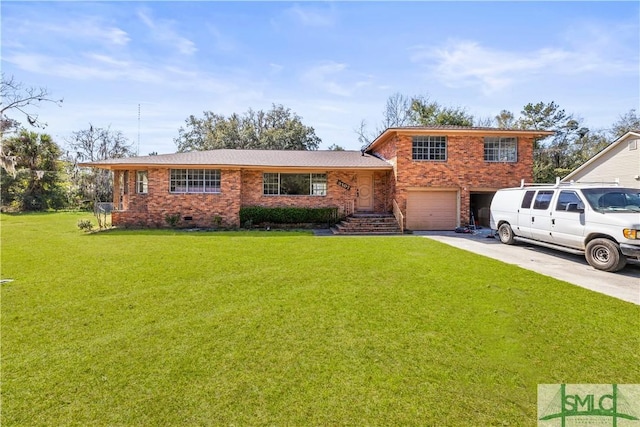 split level home with driveway, crawl space, an attached garage, a front lawn, and brick siding