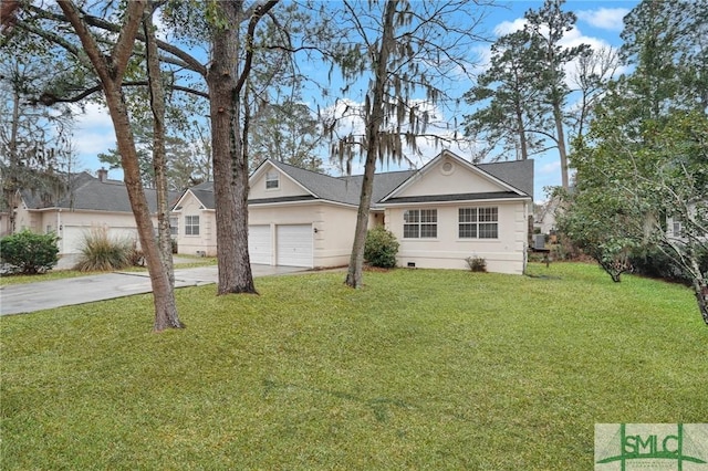 single story home with a front yard and a garage