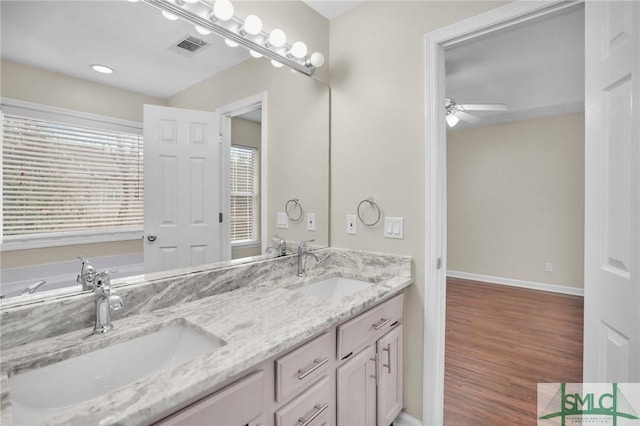209 Mariners Way, Savannah, GA 31419 - bathroom with double vanity, a ceiling fan, wood finished floors, and plenty of natural light
