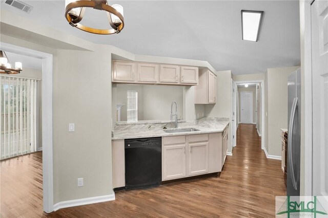 209 Mariners Way, Savannah, GA 31419 - kitchen with black dishwasher, a sink, a chandelier, dark wood-style flooring, and baseboards
