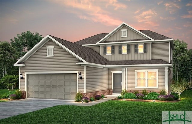 view of front of property featuring board and batten siding, a shingled roof, a front lawn, concrete driveway, and an attached garage