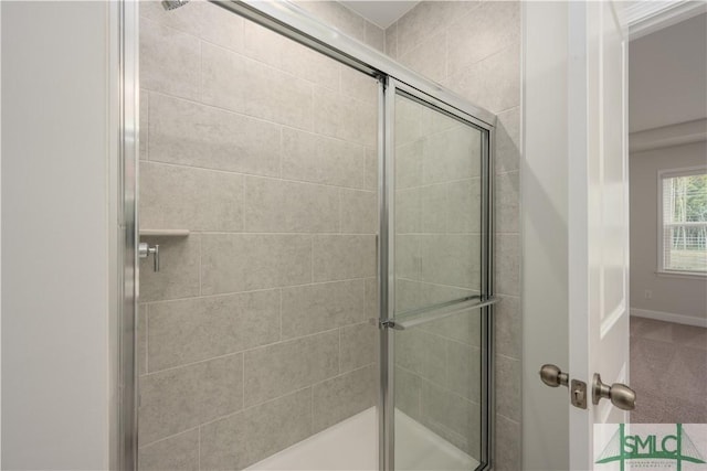 full bath featuring baseboards and a shower stall