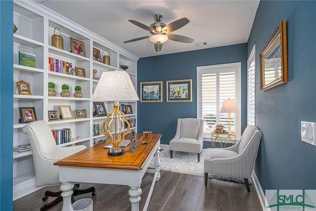 home office with ceiling fan and dark hardwood / wood-style floors