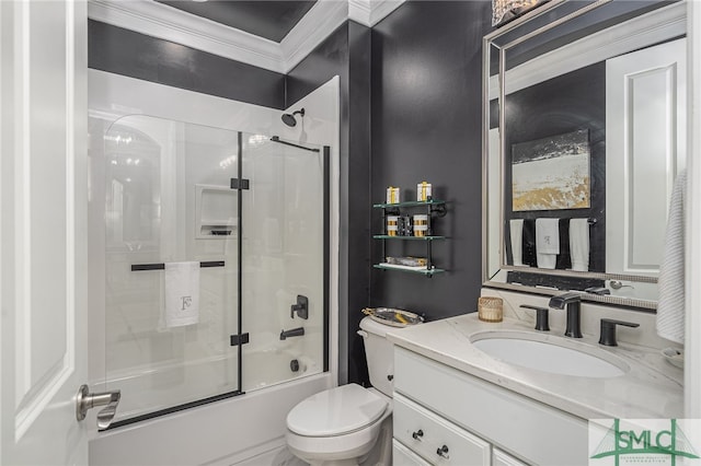 full bathroom featuring crown molding, vanity, toilet, and enclosed tub / shower combo